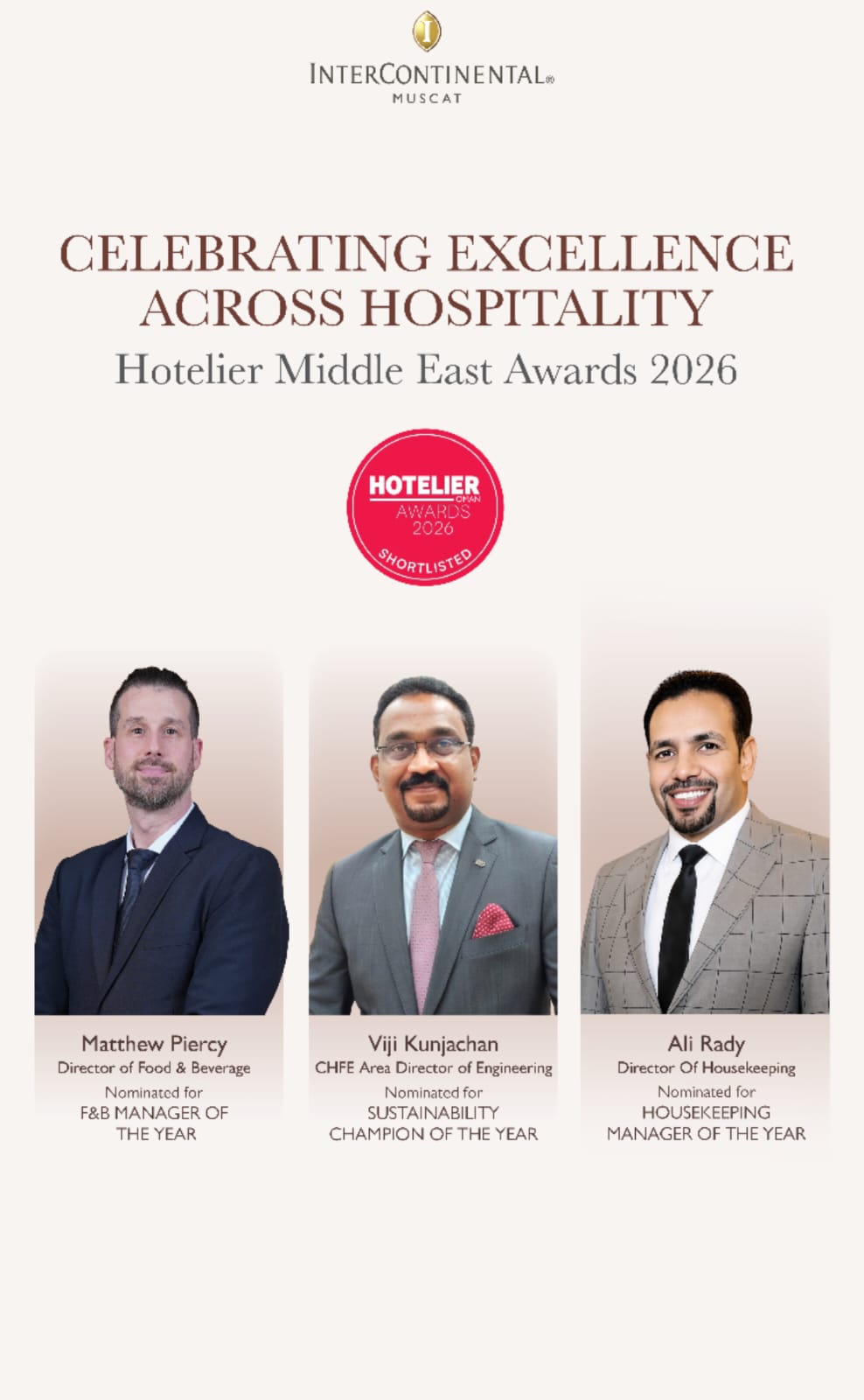 InterContinental Muscat talent recognised across three categories at Hotelier Middle East Awards 2026